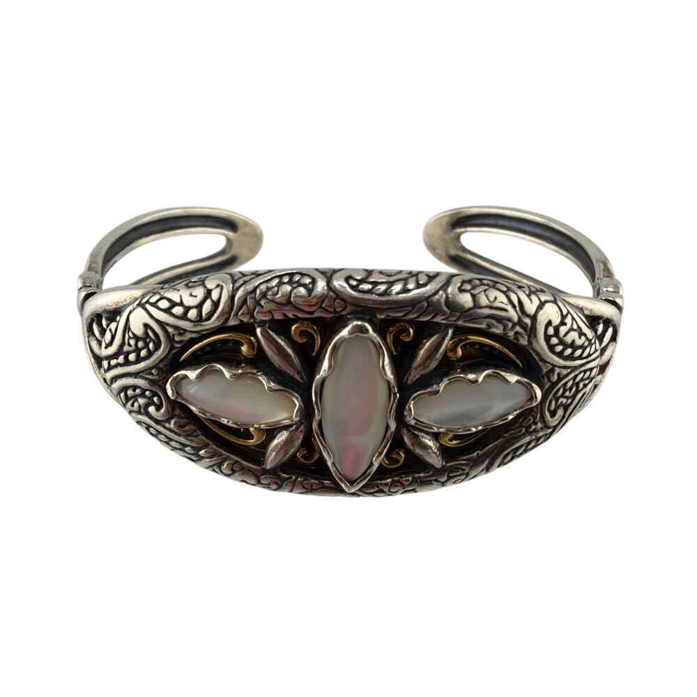 Vintage Carolyn Pollack Sterling Silver and Brass Mother of Pearl Cuff Bracelet